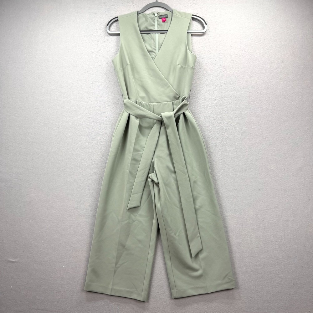 Vince Camuto Cropped Jumpsuit Womens 2 Sage Green Belt Waist Sleeveless Back Zip